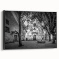 Black and white framed canvas of Barcelona landscape, ideal for bedroom wall art with a vintage poster style.