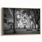 Framed canvas featuring a vintage poster art of Barcelona landscape in black and gold tones, ideal for bedroom wall decor.