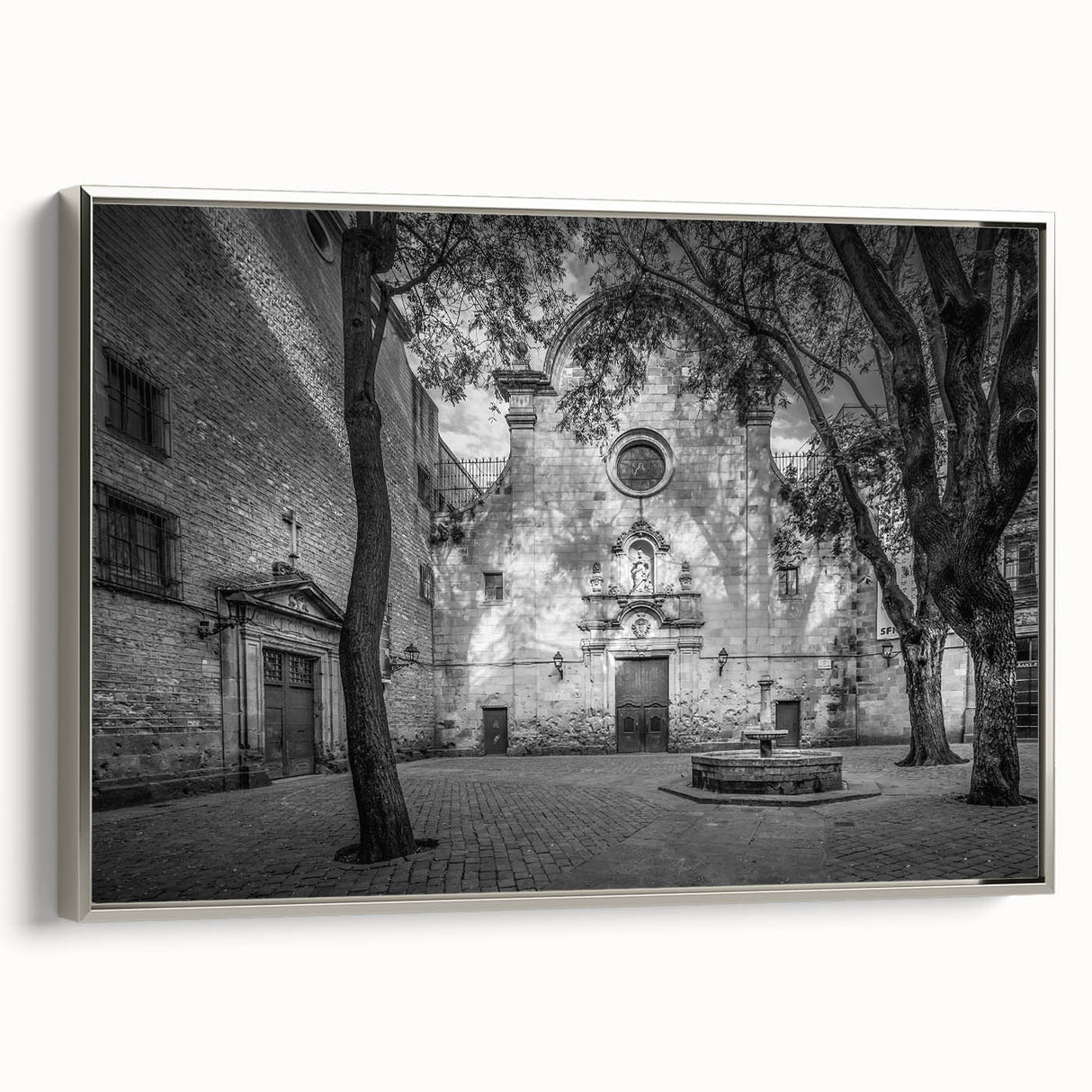 Landscape art painting of Barcelona with vibrant colors on a framed canvas, ideal for living room decor.