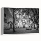 Vintage poster art of Barcelona with colorful accents on extra large, framed canvas, ideal for living room decor.