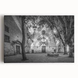 Black and white large art print of Barcelona skyline on stretched canvas, suitable for kitchen wall art or bedroom decor.