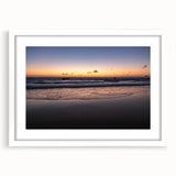 Abstract art print of Yucatán scenery in muted green and blue tones, framed with a white mat, ideal for dining room decor.