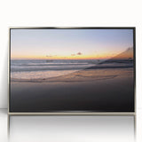 Mid-century modernist art depicting Yucatan scenery in muted earth tones on a silver-framed acrylic print.