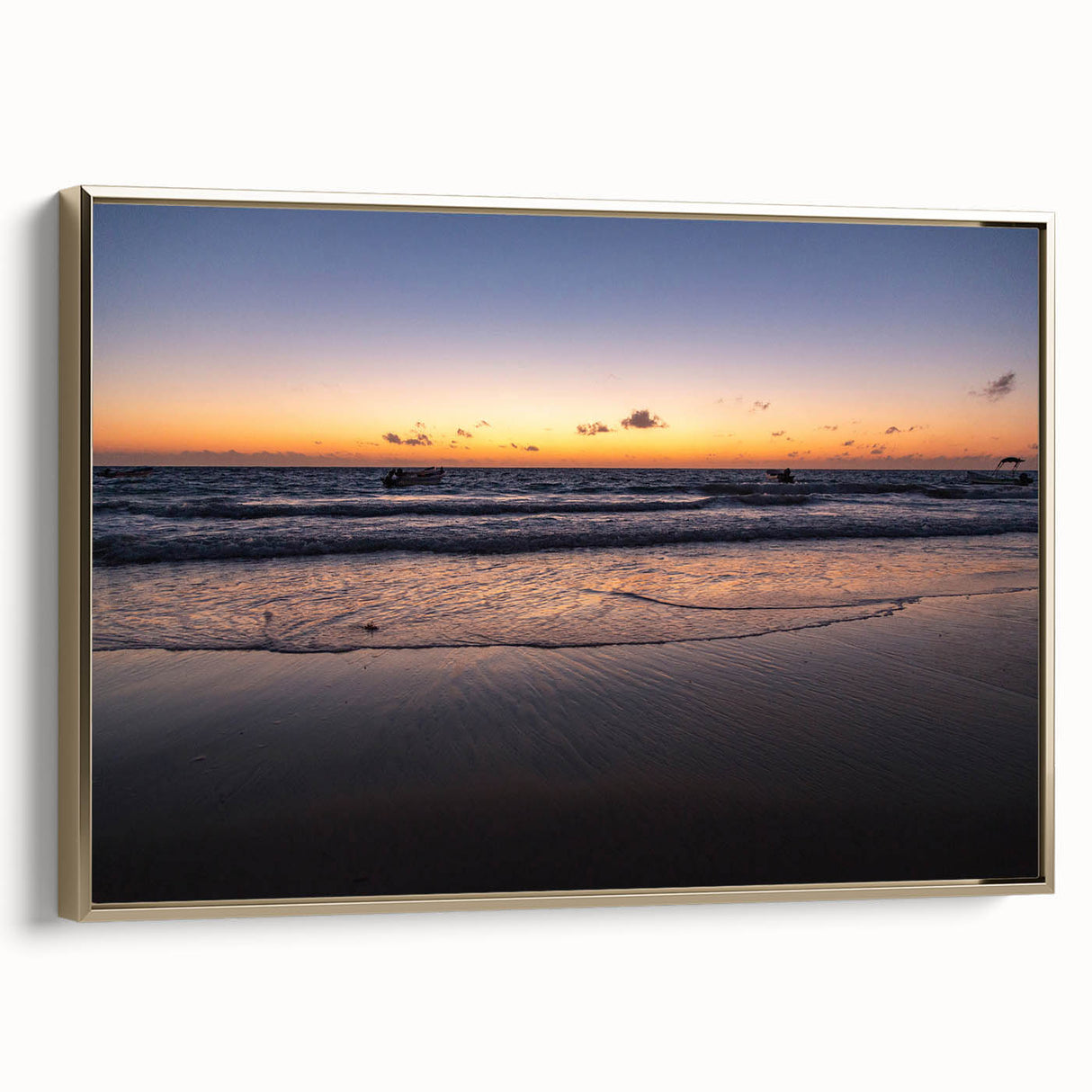 Framed canvas of a Yucatan landscape in vintage poster style, featuring muted green and gold tones.