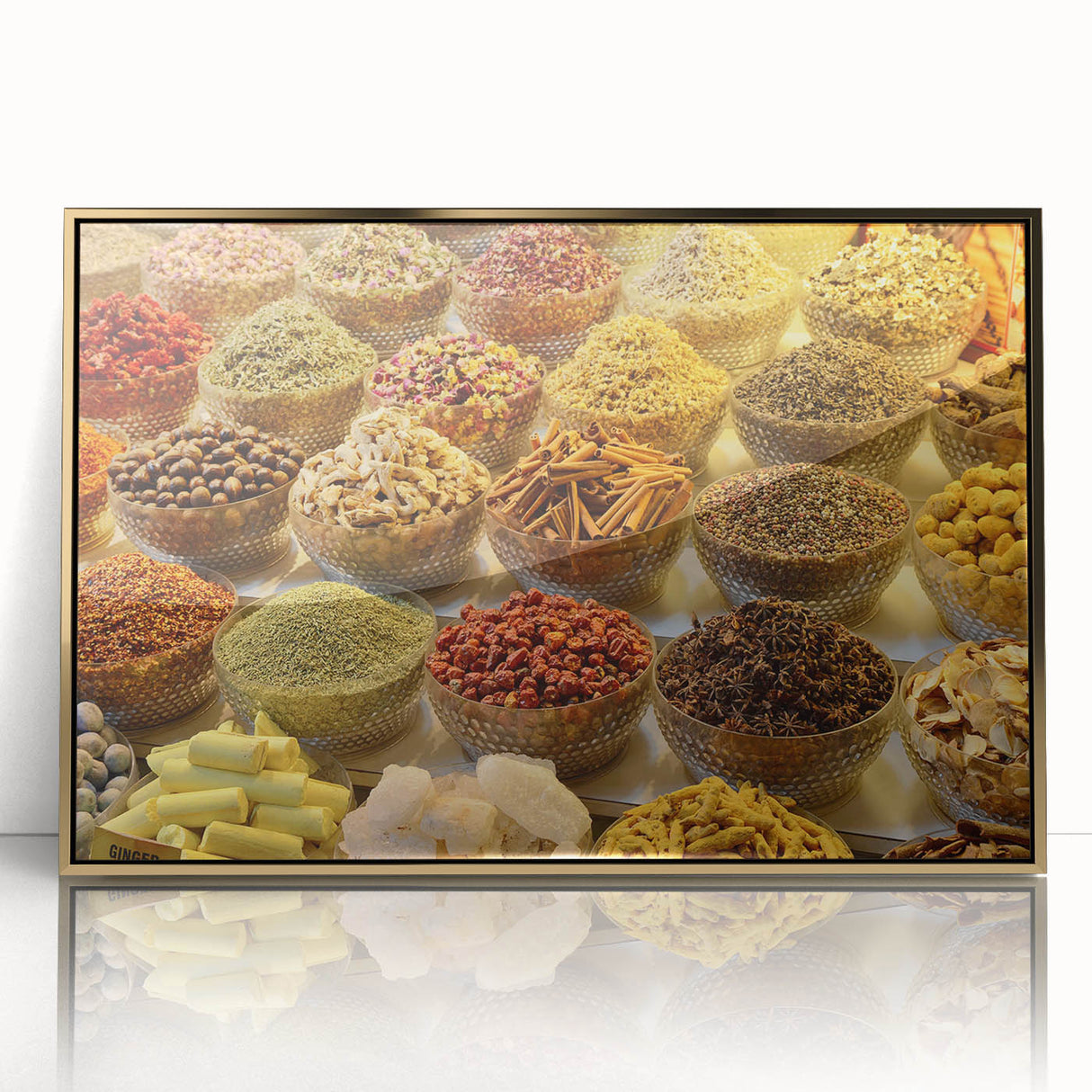 Acrylic print of Dubai skyline in gold tones on a framed canvas, suitable for modern art wall decor.
