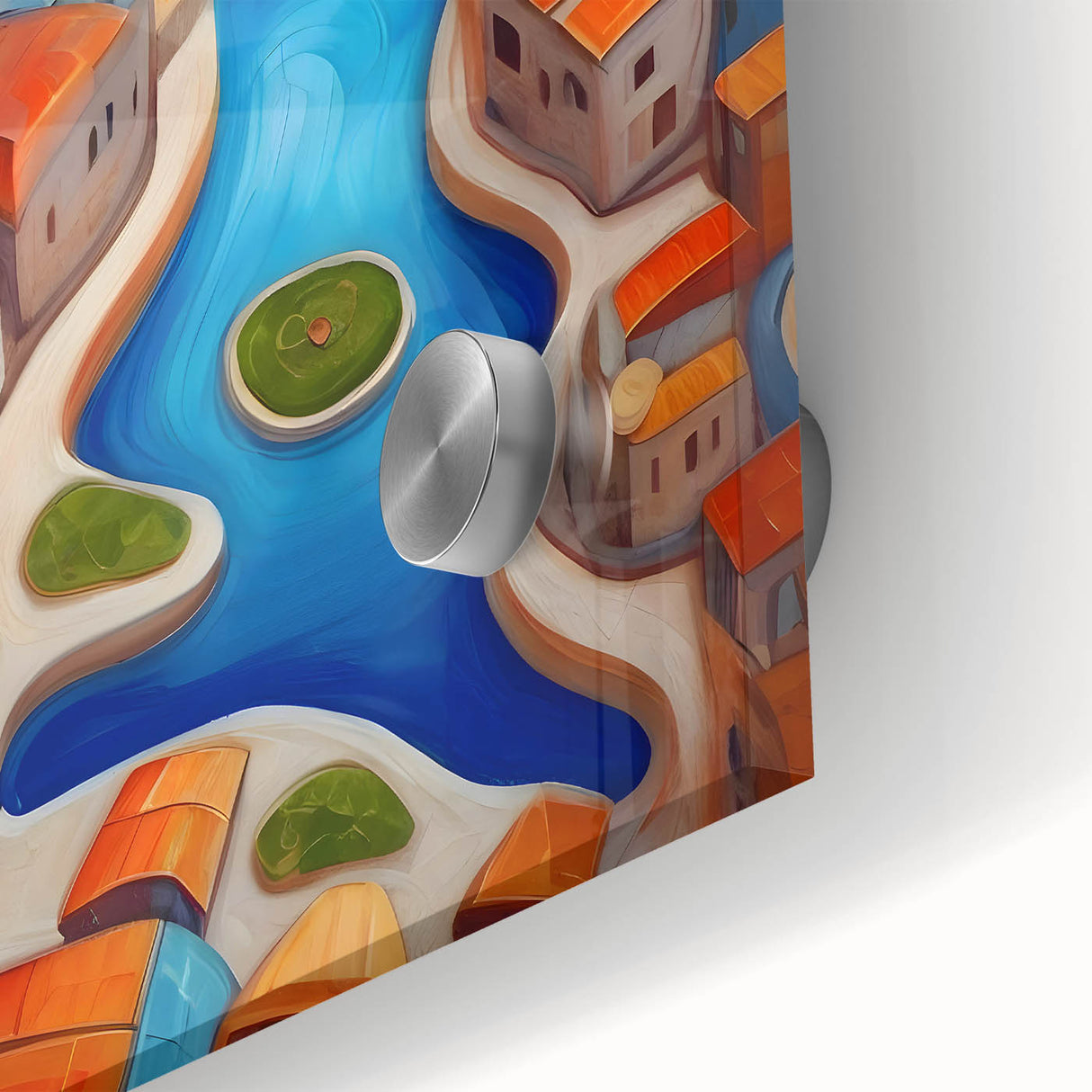 Large abstract wall art featuring a mid-century modernist view of an Iranian landscape in muted earth tones.