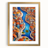 Extra large abstract art print depicting a textured Middle Eastern scenery in gold and earth tones, framed.