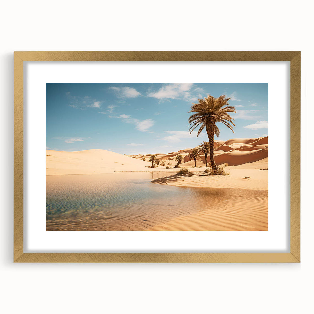 Extra large abstract art print of Middle Eastern scenery in gold frame, ideal for living room decor.