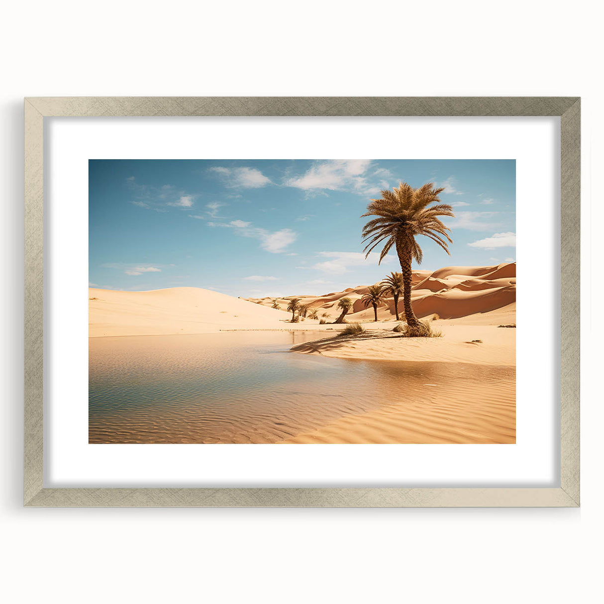 Textured art print depicting abstract Middle Eastern scenery in muted earth tones, framed in silver.