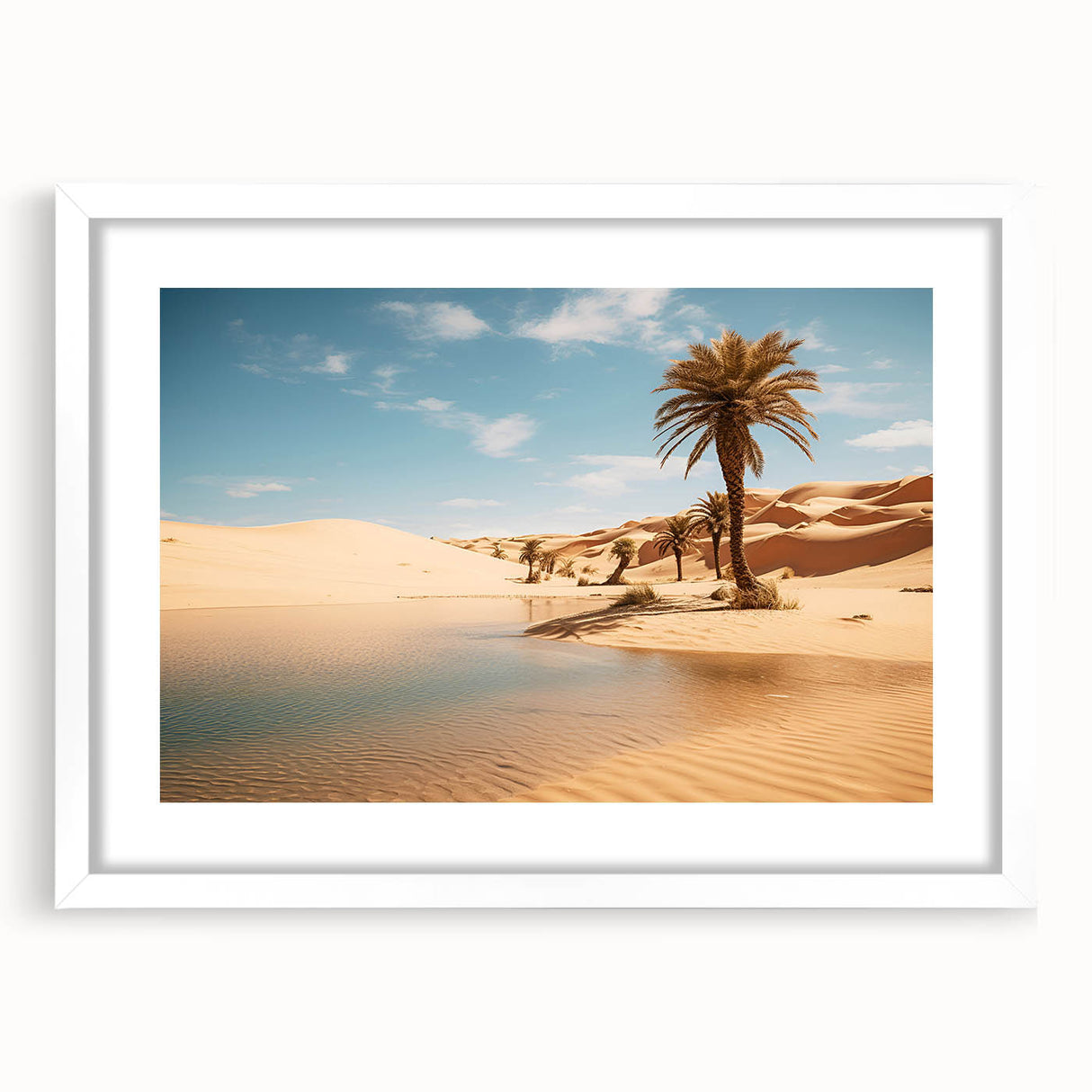 Abstract art print featuring a desert landscape in Oman with earthy tones on a framed white mat, ideal for dining room decor.