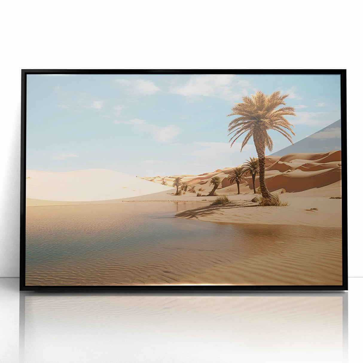 Large abstract wall art depicting a Middle Eastern Oman scenery in muted earth tones on a framed acrylic.