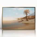 Mid-century modernist style large art print of an Omani landscape in muted gold and brown tones on acrylic.