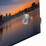 Large abstract wall art of Abu Dhabi skyline in muted earth tones on acrylic glass, suitable for dining room ambiance.