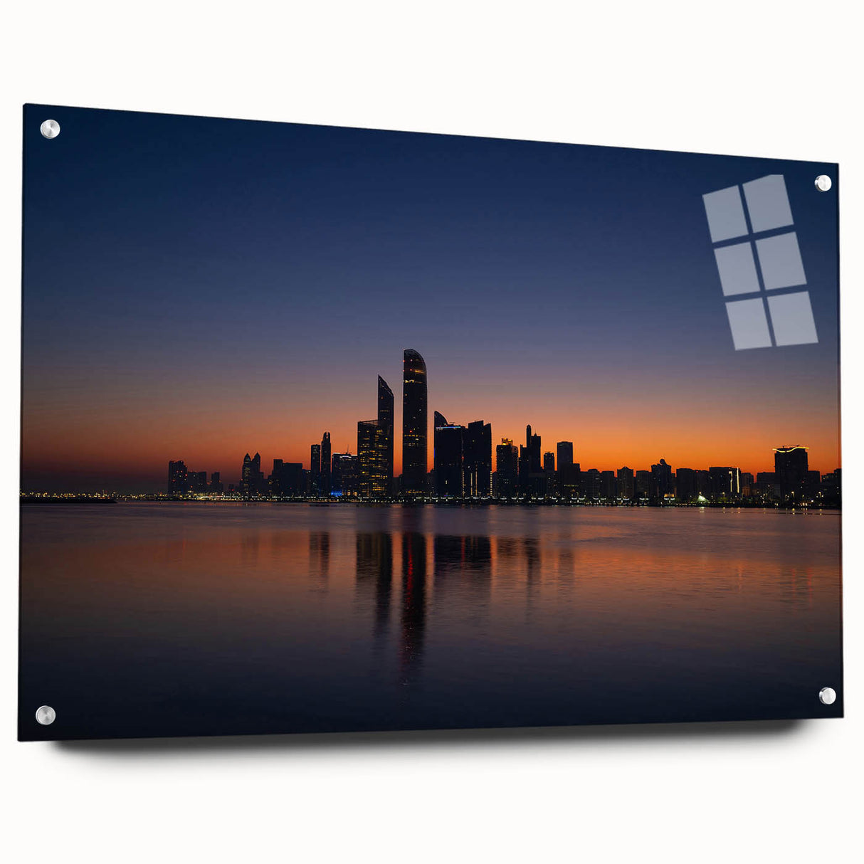 Large abstract wall art of Abu Dhabi skyline in muted blue and purple tones on acrylic glass.