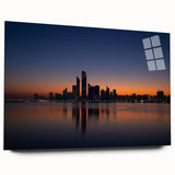 Large abstract wall art of Abu Dhabi skyline in muted gray and blue tones on acrylic glass.