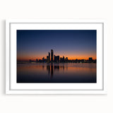 Abstract art print of Abu Dhabi skyline in muted gray and blue tones on a framed white mat, ideal for dining room decor.