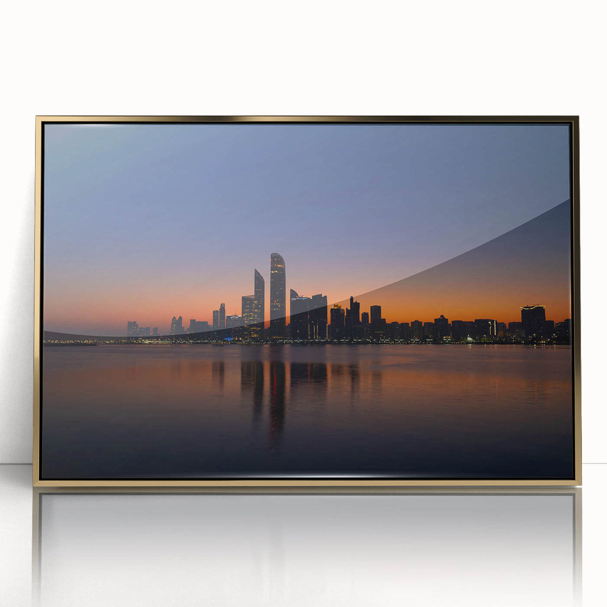 Large art print of Abu Dhabi skyline in gold tones on framed acrylic, ideal for modern art wall decor.