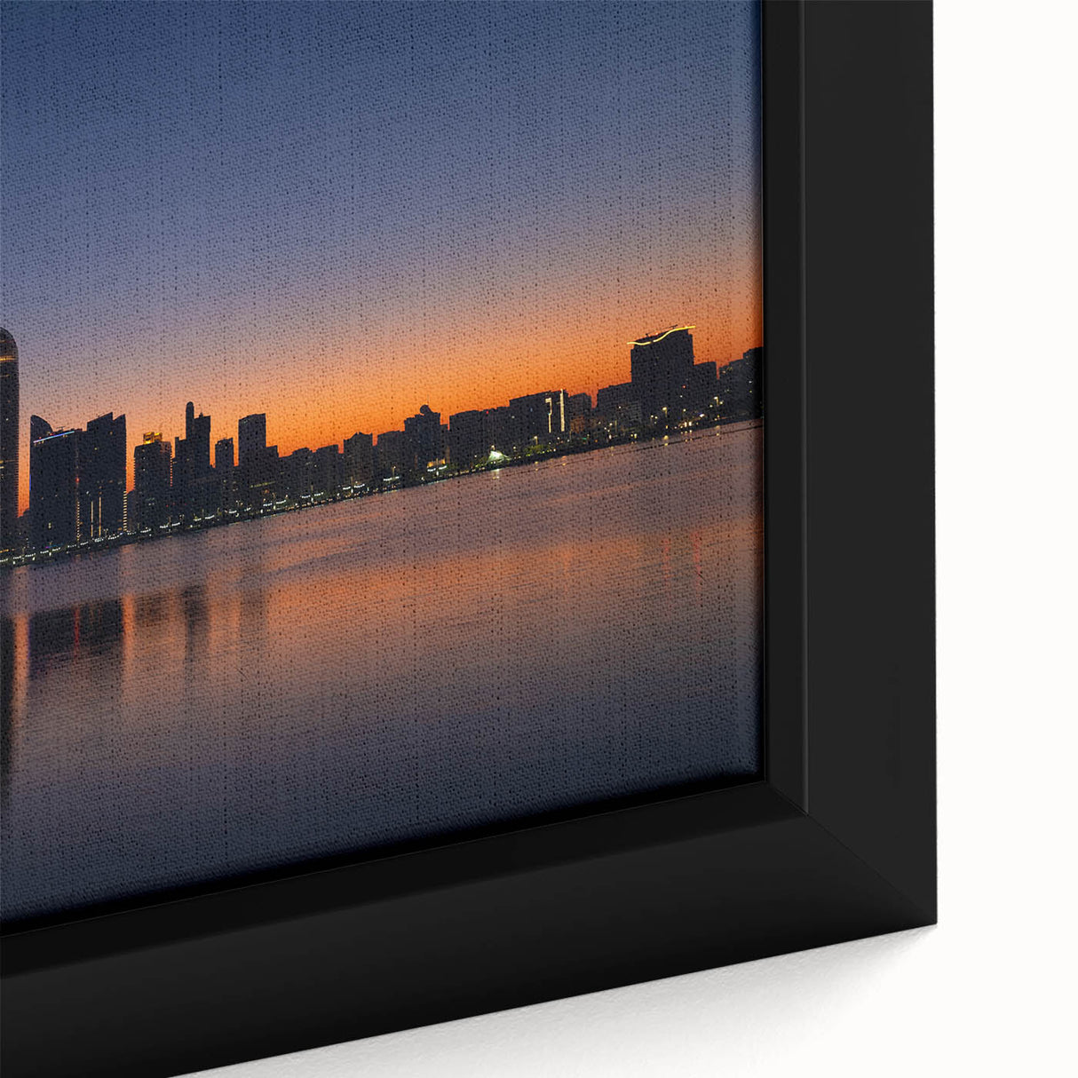 Extra large framed canvas of Abu Dhabi skyline in black with colorful, textured highlights, ideal for living room decor.
