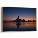 Framed canvas wall art featuring a black and gold vintage poster of the Abu Dhabi landscape, ideal for bedroom decor.