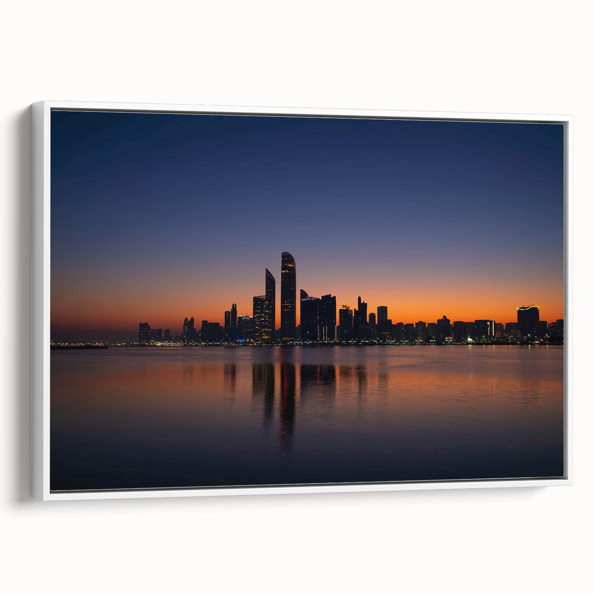 Vintage poster art of Abu Dhabi scenery on extra large white-framed canvas, predominantly black with colorful accents.