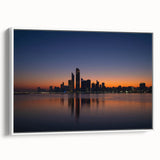 Vintage poster art of Abu Dhabi scenery on extra large white-framed canvas, predominantly black with colorful accents.