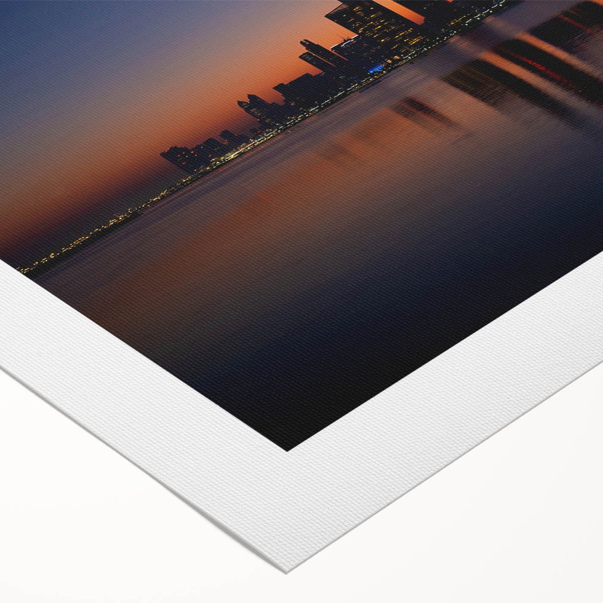 Art deco poster of Abu Dhabi skyline in muted gray and blue tones on rolled canvas, ideal for dining room wall art.