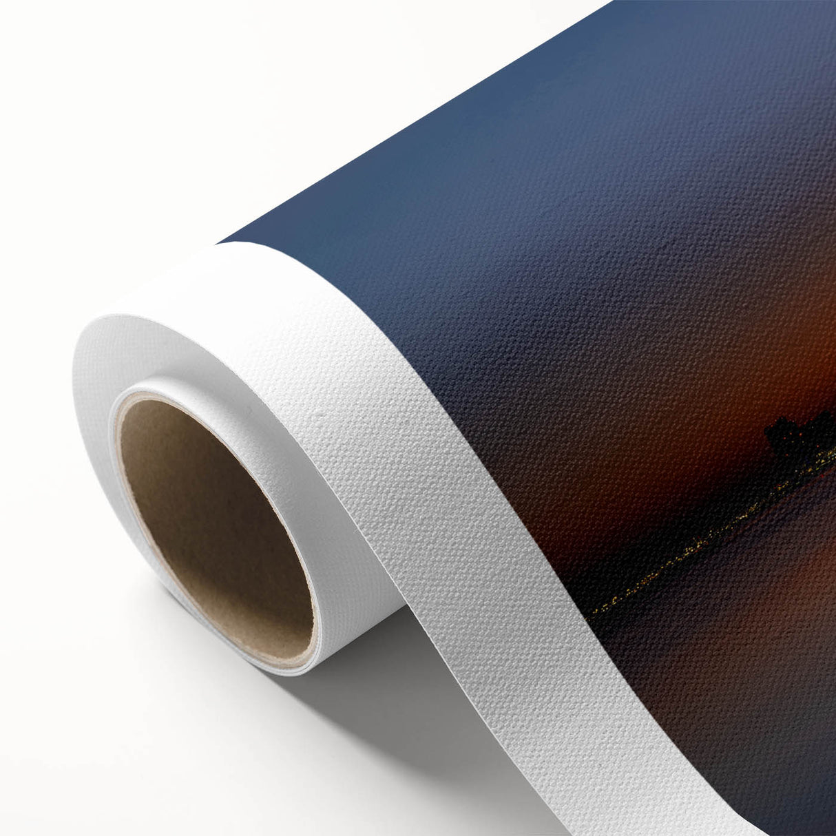 Art Deco style poster of Abu Dhabi skyline in muted gold and blue tones on rolled canvas, ideal for nursery wall art.