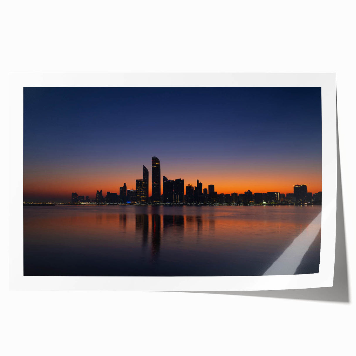 Extra large rolled print of Abu Dhabi skyline with muted gray and blue tones, ideal for art wall dining room.