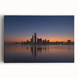Black and white stretched canvas of Abu Dhabi skyline, ideal for kitchen wall art.