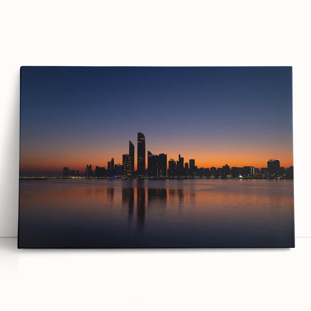 Black and white panoramic view of Abu Dhabi skyline on large stretched canvas, ideal for kitchen wall art.