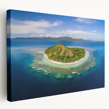 Side view of a stretched canvas depicting a serene Fiji beach scene with soft blue and sandy hues.