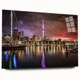 Large abstract wall art of Auckland skyline in muted blue tones on acrylic glass, suitable for bedroom or dining room decor.