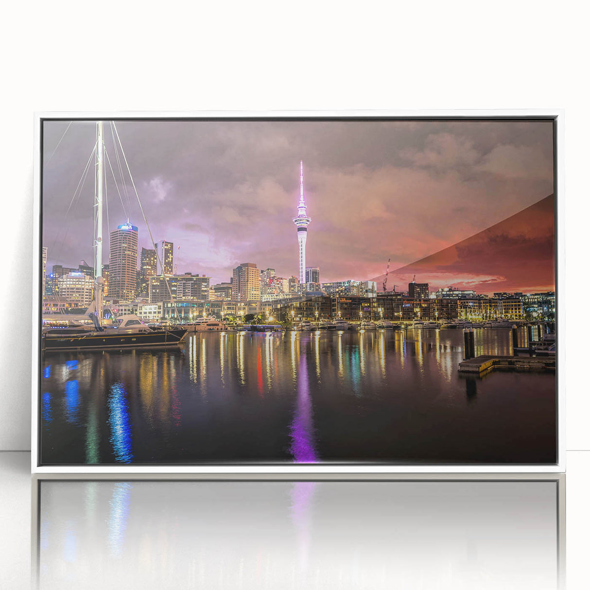Mid-century modernist art depicting Auckland skyline in muted blue tones on a framed acrylic.