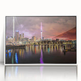 Mid-century modernist art depicting Auckland skyline in muted blue tones on a framed acrylic.