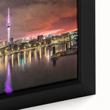 Black wall art featuring a textured scene of Auckland with vibrant colors on a framed canvas, ideal for living room decor.