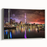 Framed canvas landscape art painting of Auckland, New Zealand in vibrant hues of blue and green, ideal for living room decor.
