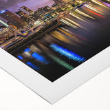 Art deco poster of Auckland skyline in muted gray and blue tones on rolled canvas, suited for dining room decor.