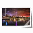Extra large rolled print of Auckland skyline with muted blue and gray tones, suitable for dining room wall art.