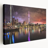 Side view of a stretched canvas featuring a serene Auckland, New Zealand scenery in muted blue and green tones.