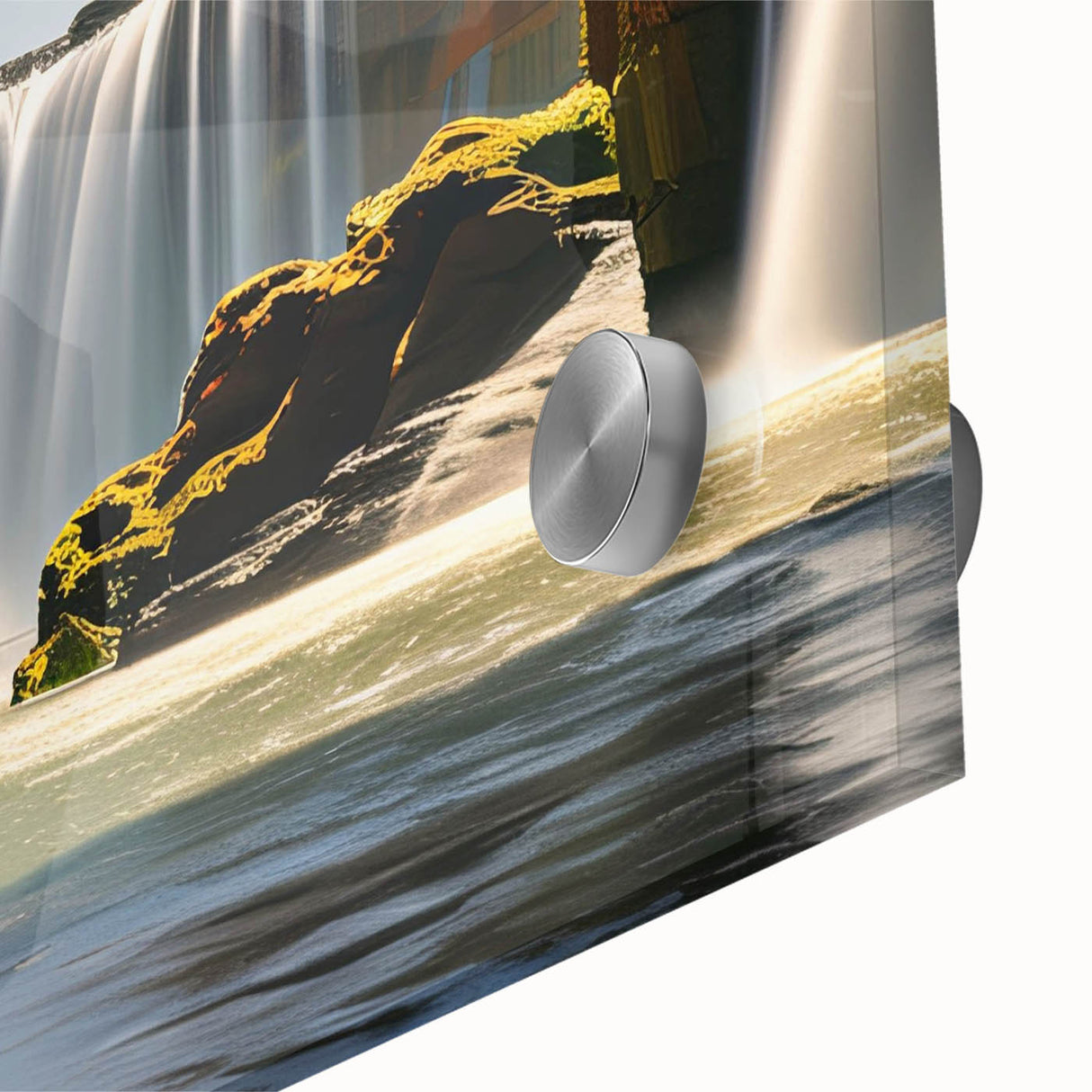 Large abstract wall art depicting a mid-century modernist scene in muted earth tones on acrylic glass.