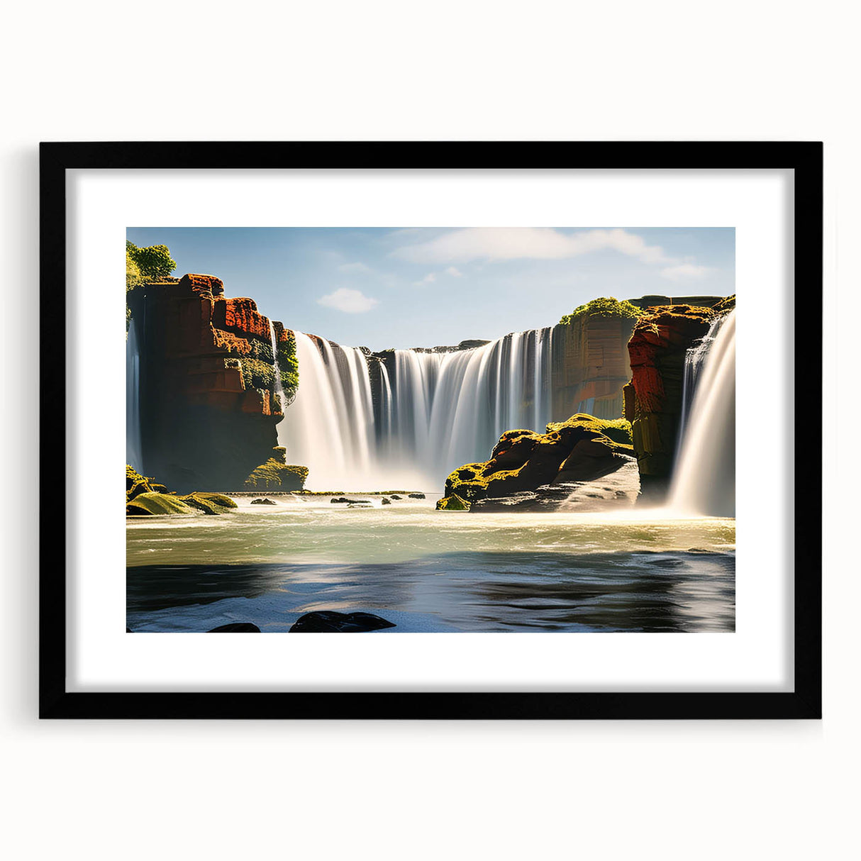 Extra large abstract art print featuring a colorful, textured depiction of a South American scenery on a black framed canvas.