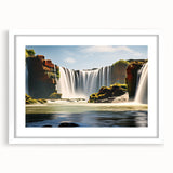 Abstract art print of Argentine scenery in muted blue and green tones on a white framed canvas, ideal for dining room decor.