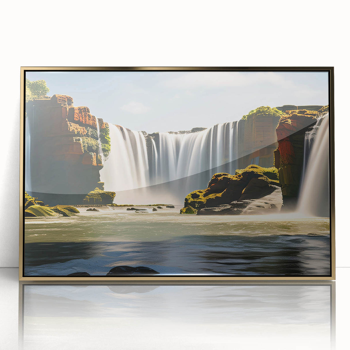 Mid-century modernist landscape of an Argentinian scenery on a gold-framed acrylic, ideal for modern art wall decor.