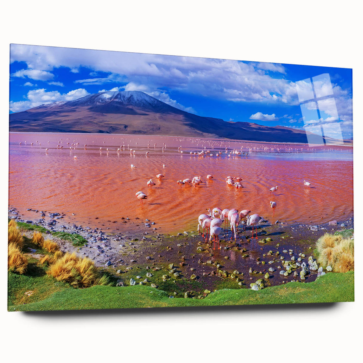 Large abstract depiction of a Bolivian landscape in muted earth tones on acrylic glass.
