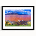 Extra large abstract art print depicting a colorful, textured scenery of Bolivia, framed in black.