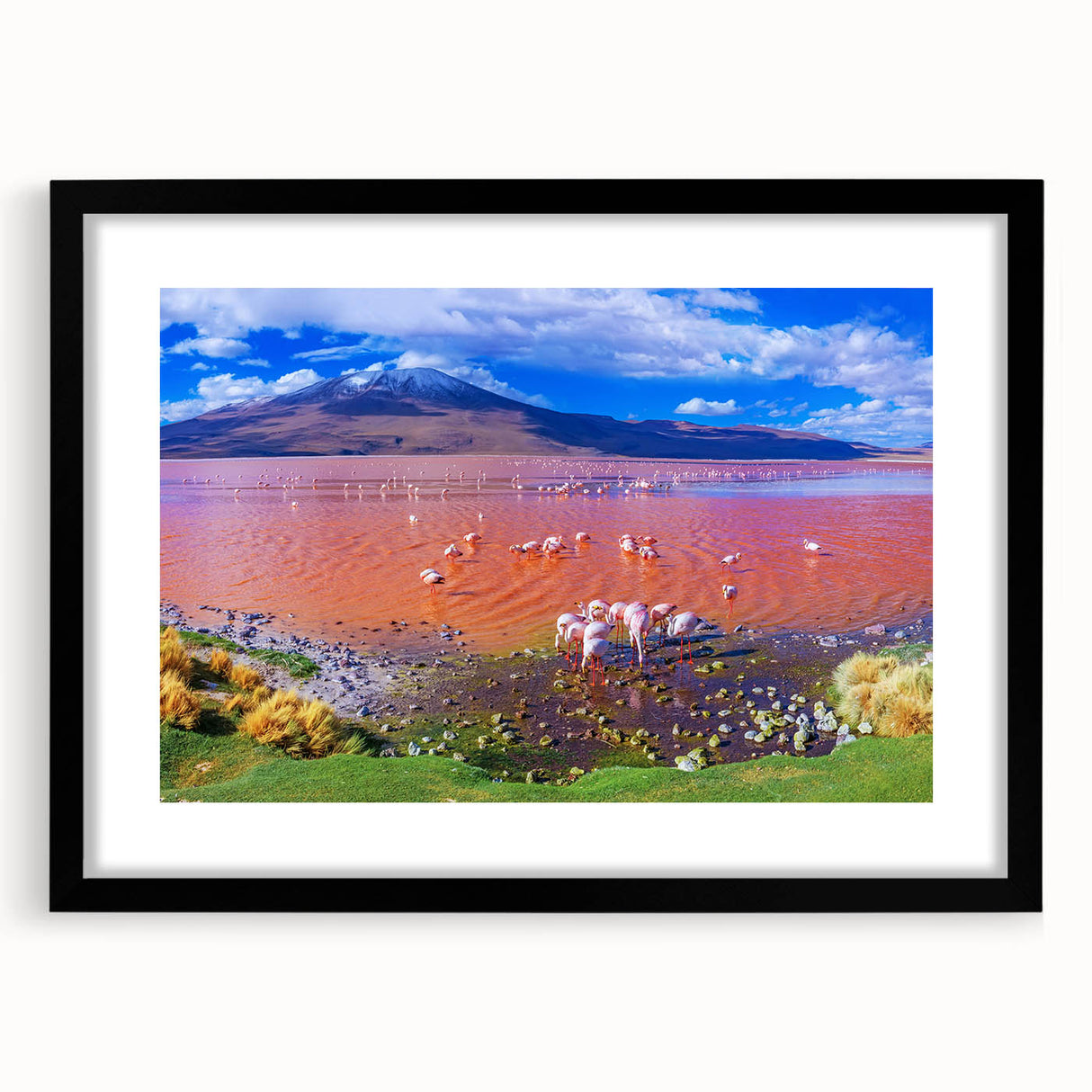Extra large abstract art print depicting a colorful, textured scenery of Bolivia, framed in black.