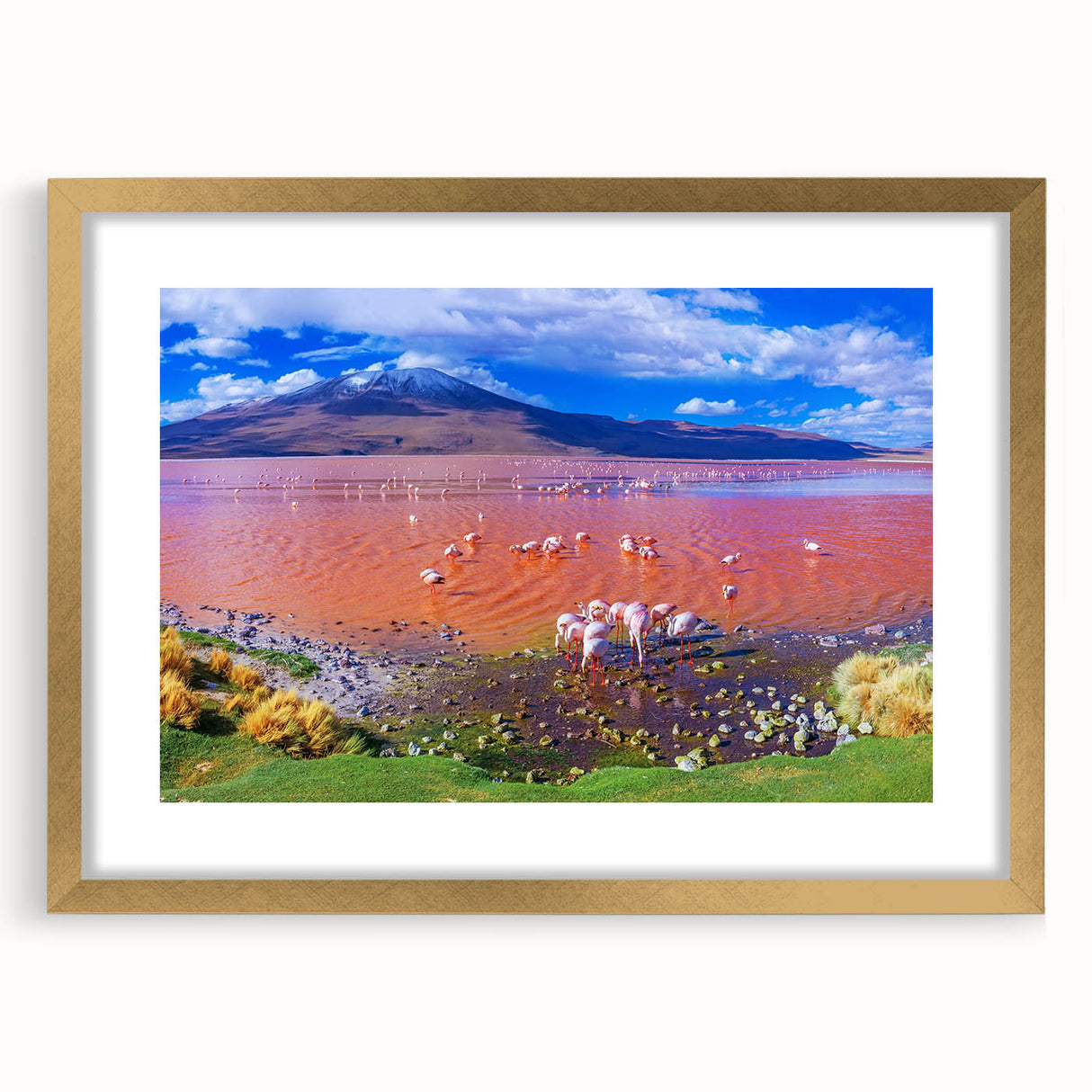 Extra large abstract art print depicting textured scenery of South America, in gold frame, suited for living room decor.