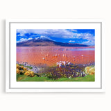 Abstract art print of Bolivia scenery in muted earth tones on a framed white mat, suitable for dining or bedroom decor.