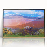 Large art print of a Bolivian landscape in mid-century modernist style, framed in gold acrylic.