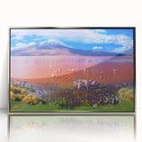 Mid-century modernist art depicting a Bolivian landscape in acrylic, with muted earth tones, framed in silver.